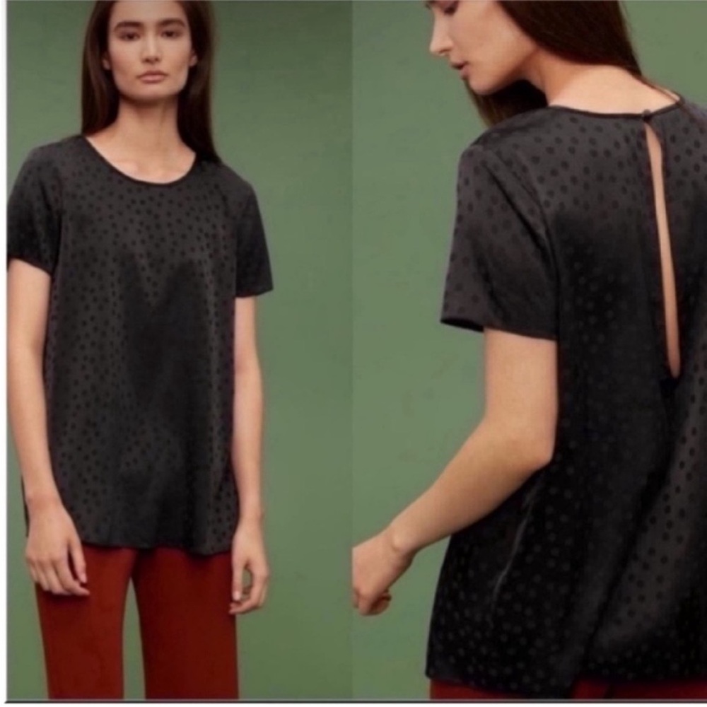 Aritzia Wilfred Cypress Silk Blend Tonal Polka Dot Short Sleeve Blouse